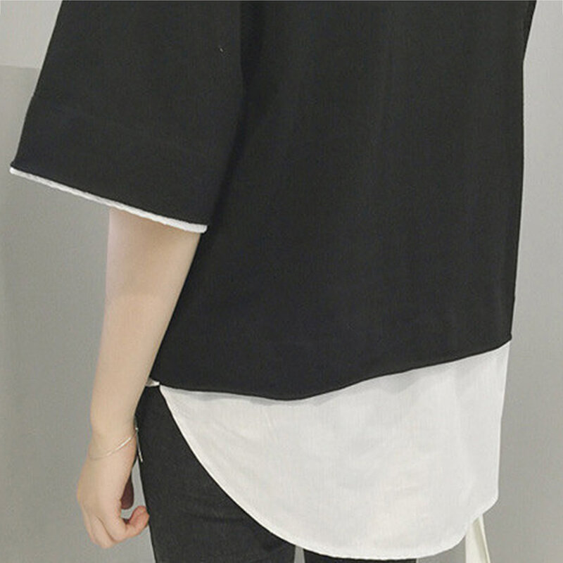 Blusa moda feminina manga curta gola redonda solta com retalhos respirável camiseta top