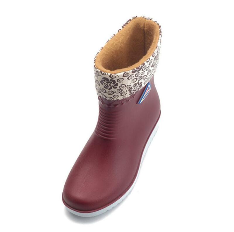 รองเท้าNon-Slip Rain Bootsหญิงหรูหราผู้หญิงอบอุ่นกลางหลอดรอบนิ้วเท้าหิมะรองเท้าน้ำรองเท้าน้ำกลางแจ...