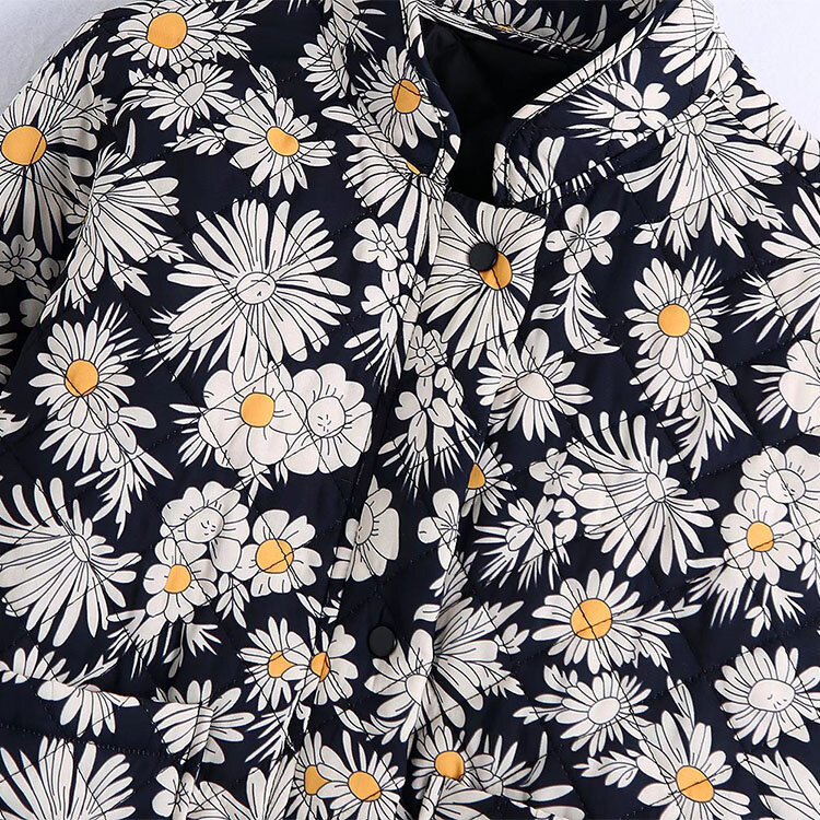 Chaqueta de algodón con estampado de margaritas para mujer, chaqueta acolchada con bolsillos decorativos de un solo pecho, cuello alto, novedad de otoño, 2021