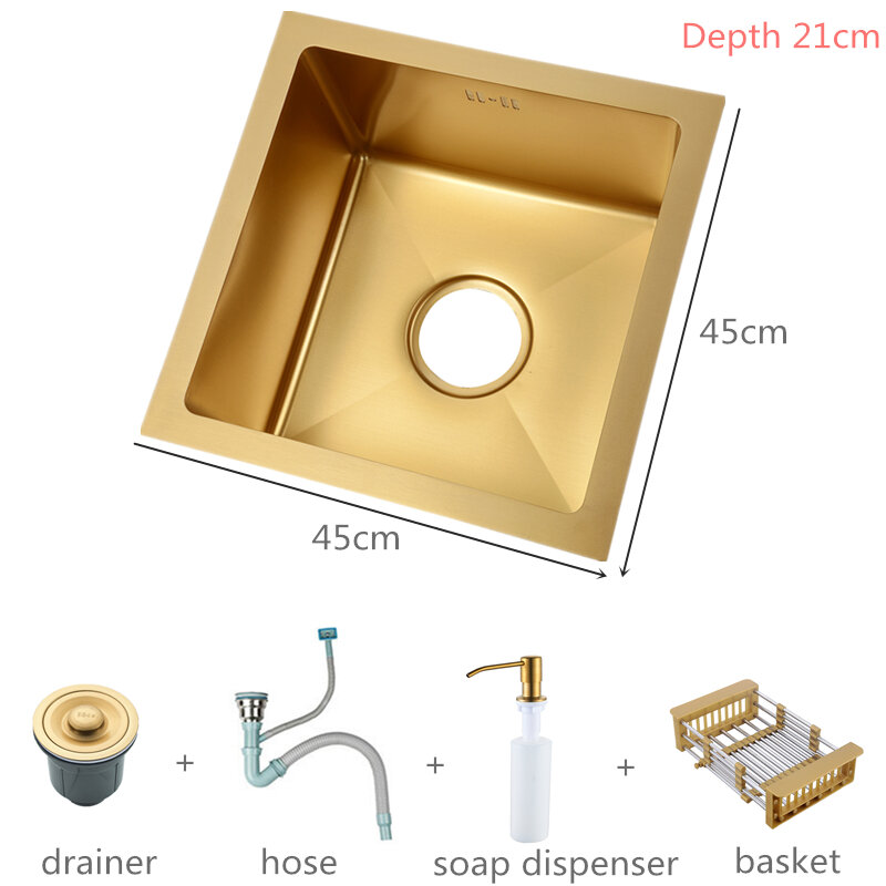 17.7 ''Undermount Kitchen Sink bez kranu, pojedyncza miska ze stali nierdzewnej szczotkowane złoto zlew z ociekaczem kosz i akcesoria