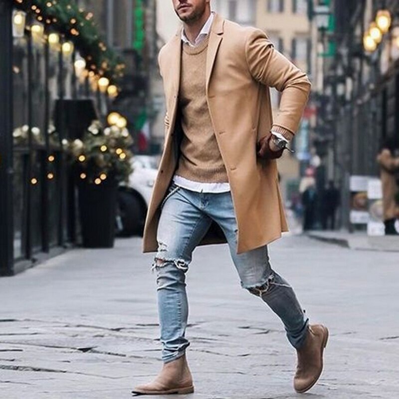 New Arrival Winter Fashion Men Slim Fit Long Sleeve Cardigans Blends Coat Jacket Suit Solid Mens Long Woolen Coats
