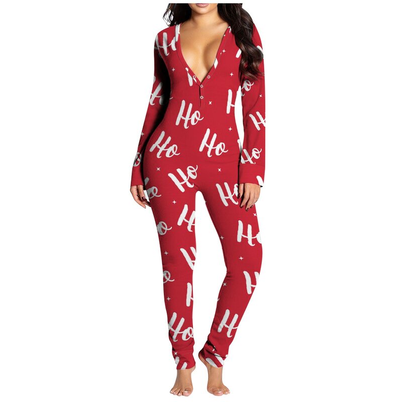 Pijama Sexy de Navidad con botones para mujer, ropa de dormir con estampado a la moda, mono con solapa abotonada, ropa de dormir para adultos