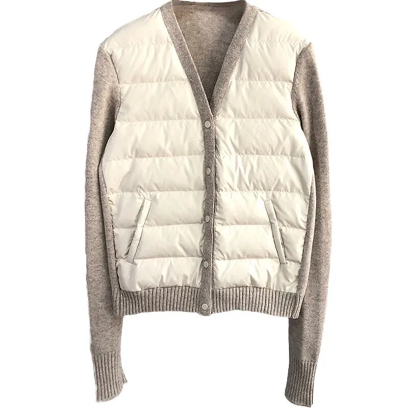 2023 Fashion Women Outerwear Autumn Winter Jacket Patchwork Knitted Cotton Padded Coat  Parka Elegant Slim V-Neck Womens Jackets