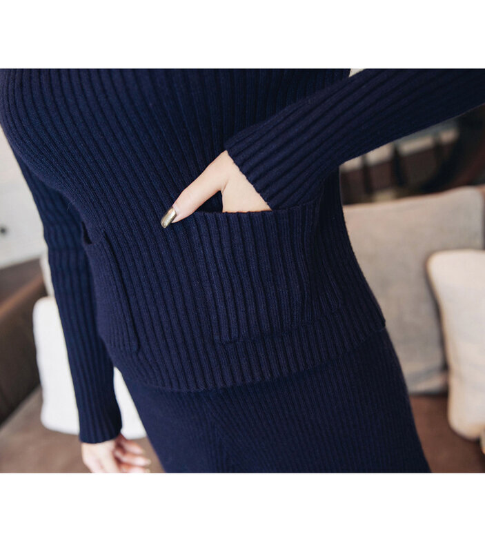 Conjunto de Falda de punto para mujer, Jersey elástico delgado de manga larga, falda de cintura alta, moda informal