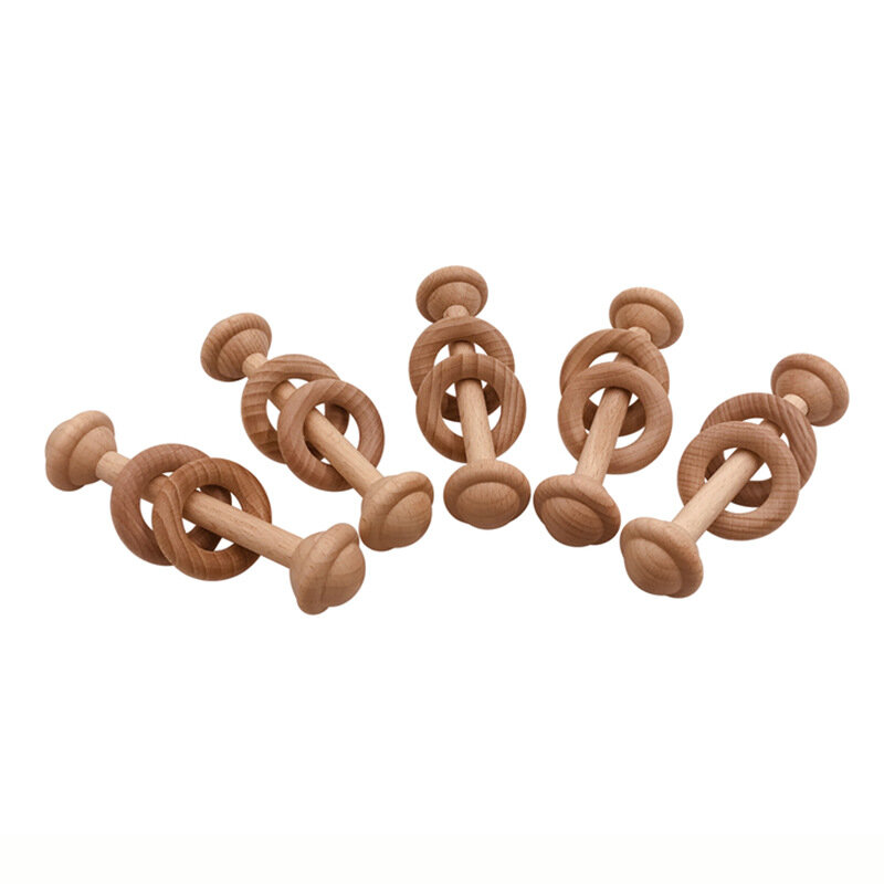 ไม้ของเล่นเด็ก Unlacquered ไม้ Rattles แหวนไม้ไม้แหวน Molar แหวน Rattle ของเล่นเด็ก Teether 7-12M