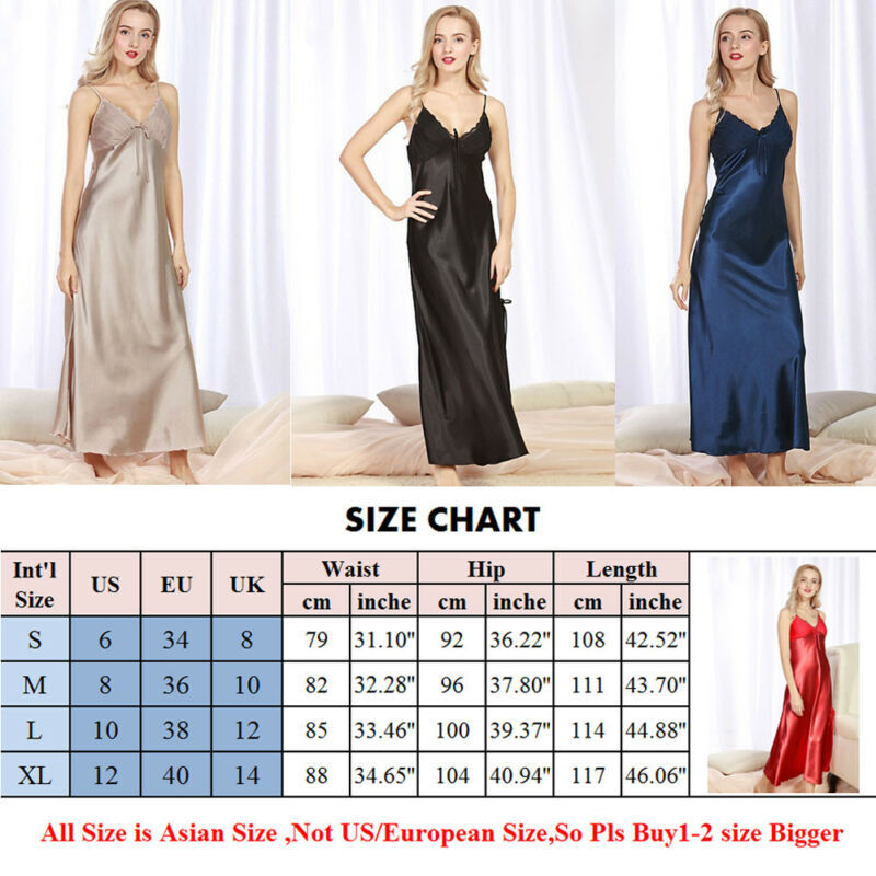 Women Ladies Sexy Satin Long Nightdress Silk Lace  Nightgown Sleepwear