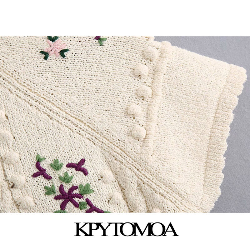 KPYTOMOA 2020 mujeres bordado Floral de moda Pantalones de suéter Vintage manga corta cuello en O mujer suéteres Chic Tops