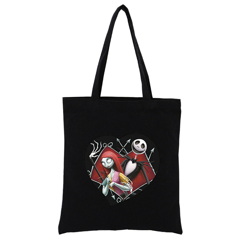 Bolso de compras de lona para mujer, bolsa de hombro con estampado de dibujos animados, color negro