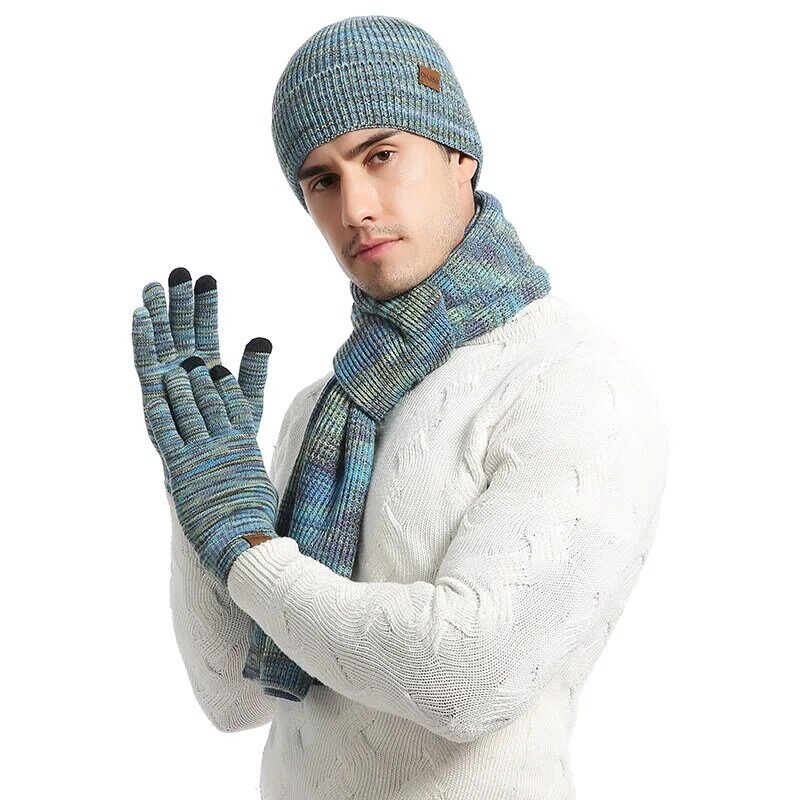 Conjunto de bufanda de invierno para hombre y mujer, sombrero de punto cálido, bufanda, guantes, traje de tres piezas