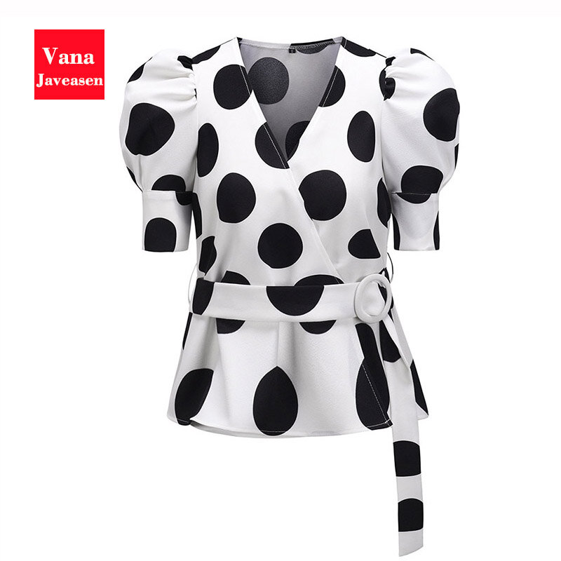 Office Lady Polka Dots เสื้อผู้หญิง Blusas เสื้อพัฟเข็มขัดออกแบบเสื้อผู้หญิงเสื้อผ้าเซ็กซี่ V-คอ Pullover Tops