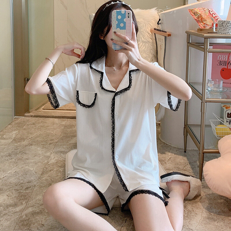 Short Sleeve Cardigan Pajamas Women's Summer Pure Cotton Cute Lace White Suit Casual Thin Korean Style Spring and Autumn