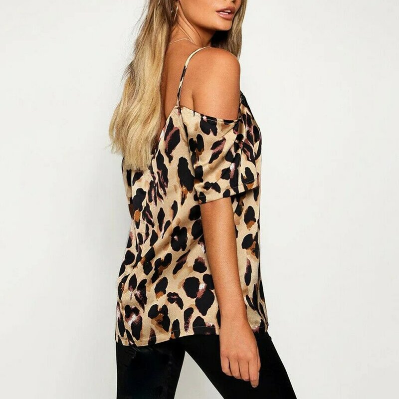 Las mujeres leopardo blusas manga corta hombro fiesta blusa Club de verano Casual Tops ropa de mujer Hotsale # T5P