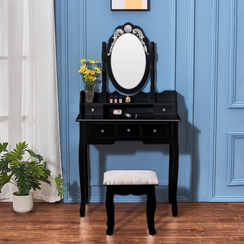 Туалетный столик для макияжа из массива сосны в стиле ретро с табуретом, 5 ящиками и резьбой, регулируемые зеркала, в стиле ретро, белый/черны...