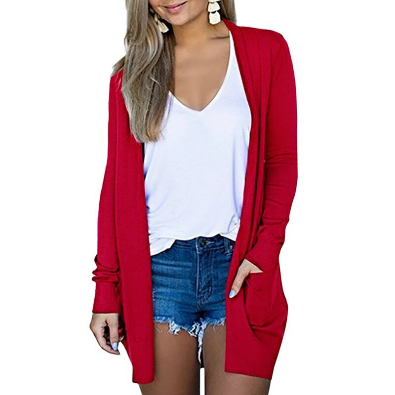 NEUE Mode Rosa Strickjacke Einfarbig Langarm Taschen Casual Mantel für Frauen Herbst Strickjacken Plus Größe