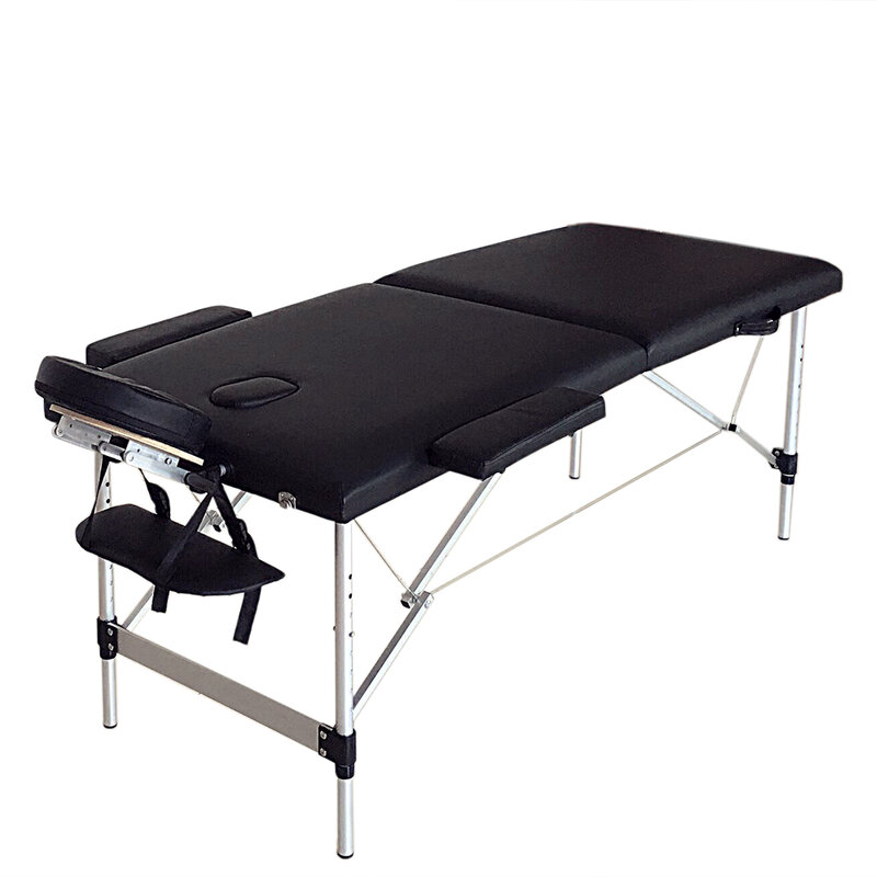 Cama de beleza dobrável e portátil, 2 seções (186x60x63cm, mesa de massagem, spa, musculação, preto)