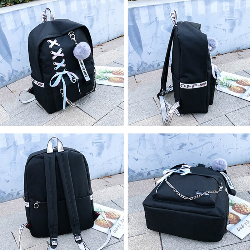 2019 Chain Canvas female book bag backpack 5pcs/set schoolbag school bag travel pack fashion Tassel women teenage teenagers girl