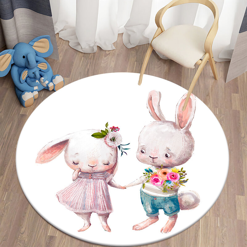 Alfombra con estampado de conejo de dibujos animados para niños, alfombrilla redonda de franela antideslizante para sala de estar