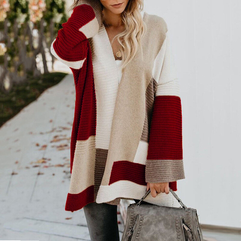 Herbst Neue Oversize Cardigan Pullover Frauen Mode V Neck Pullover Lose Geometrische Farbe Passenden Baumwolle Verdicken Mantel Vielseitig