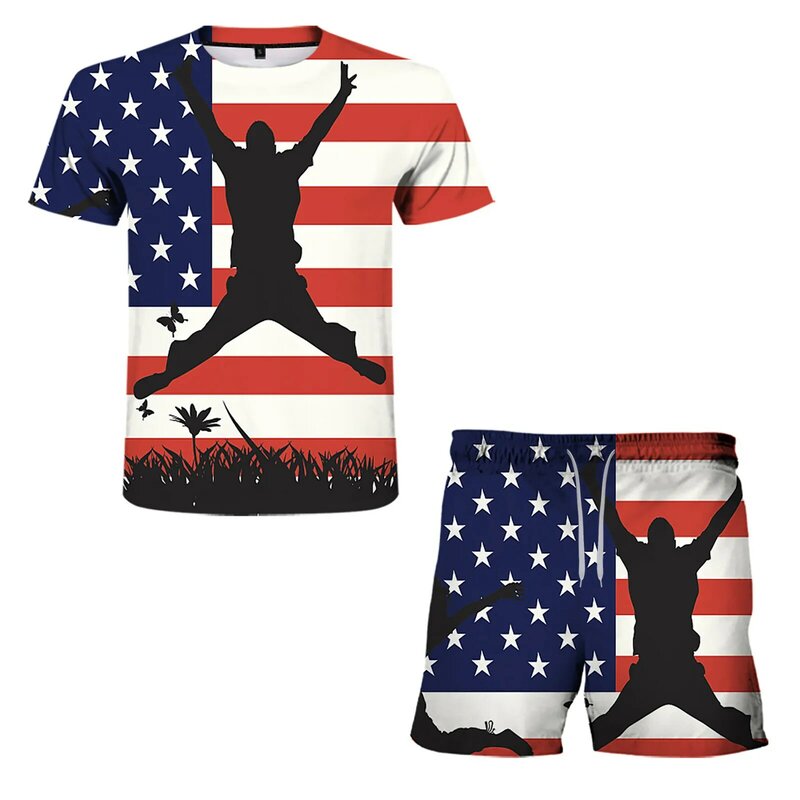 64 # летние комплекты для мужчин Американский флаг прыжки 3d печать, футболка с короткими рукавами и шорты для девочек наборы мужские День Нез...
