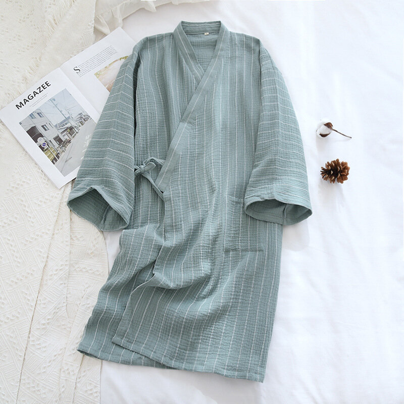 Chemise de nuit en crêpe de coton pur pour Couples, Kimono japonais à rayures fines et confortables, vêtements de maison SPA, peignoir, printemps/été