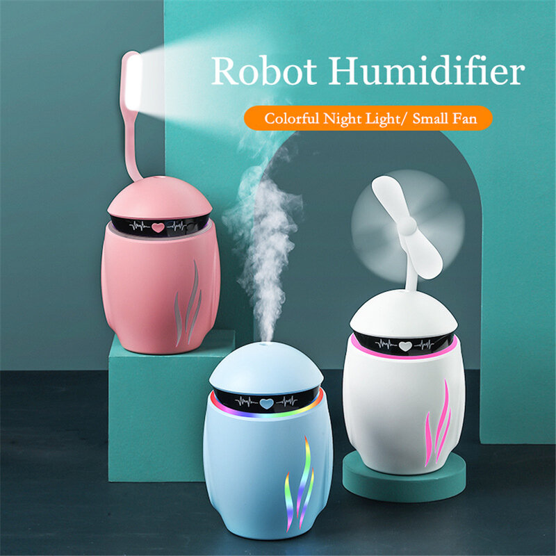 Humidificador de aire Robot con luz nocturna colorida, 350ML, pequeño ventilador, luz nocturna, enchufe USB, uso en coche, Hotel, hogar