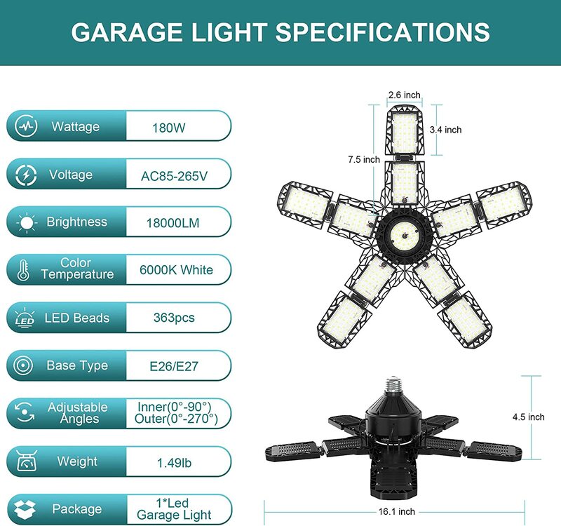 10+1 Panels Folder LED Garage Light 180W Deformation Lamp Workshop Work High Bay Powerful