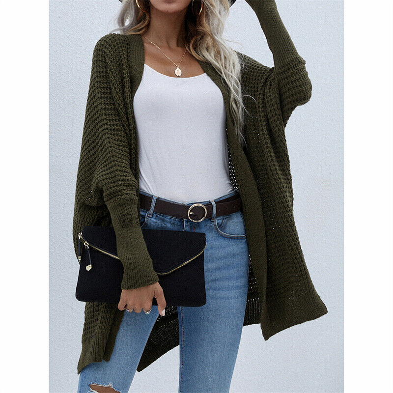 2021 New Fashion luźny, dzianinowy sweter kardigan dla kobiet jesień otwarty ścieg długi płaszcz z rękawami Casual Temperament jednolita kurtka
