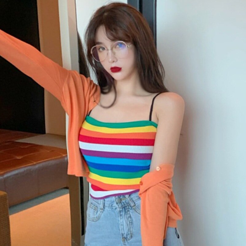 Frauen Sexy Tank Tops Regenbogen Streifen Camis Tops Frauen 2021 Tank Top Sommer Top Femme Koreanische Stil frauen tragen Streetwear