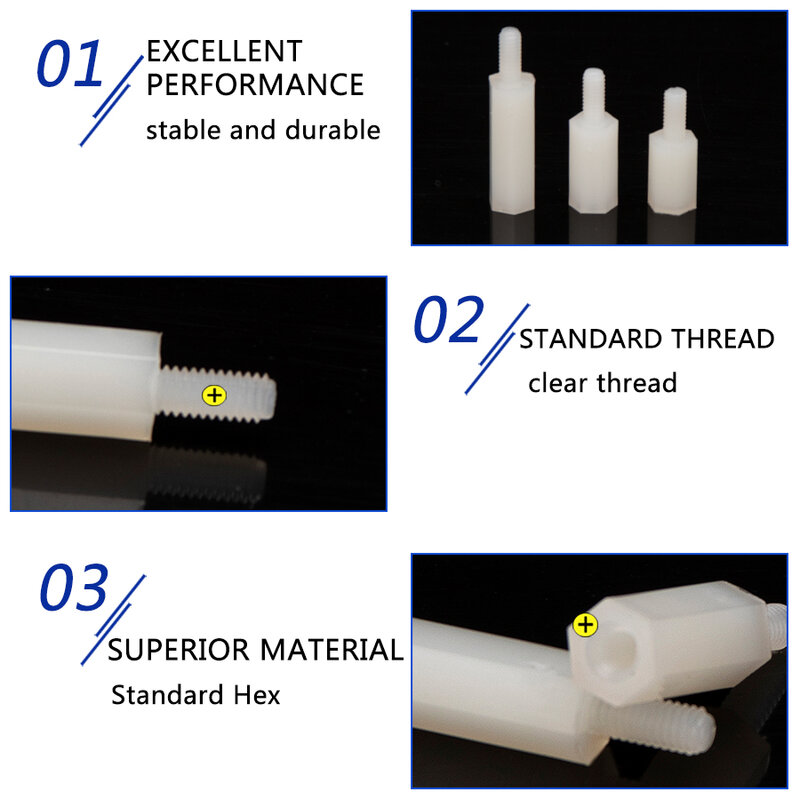 M3 White Hex Nylon Standoff Spacer Male to Female Column Flat Head Nylon Plastic Spacing Screws Nuts Length 6-50mm