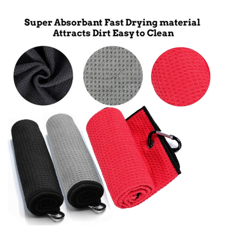 Tri-fold toalha de golfe premium microfibra fabricwaffle modelnresistente mosquetão clip 5 grupos de opções de cor toalha de golfe