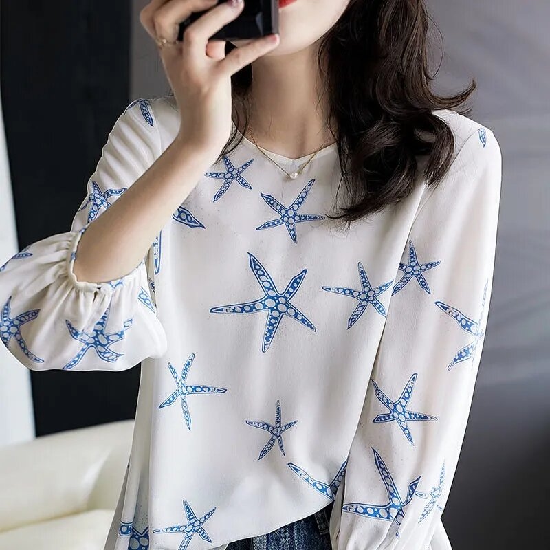 French women's chiffon starfish printed mulberry silk round neck seven-point sleeve  womens tops and blouses  O-Neck