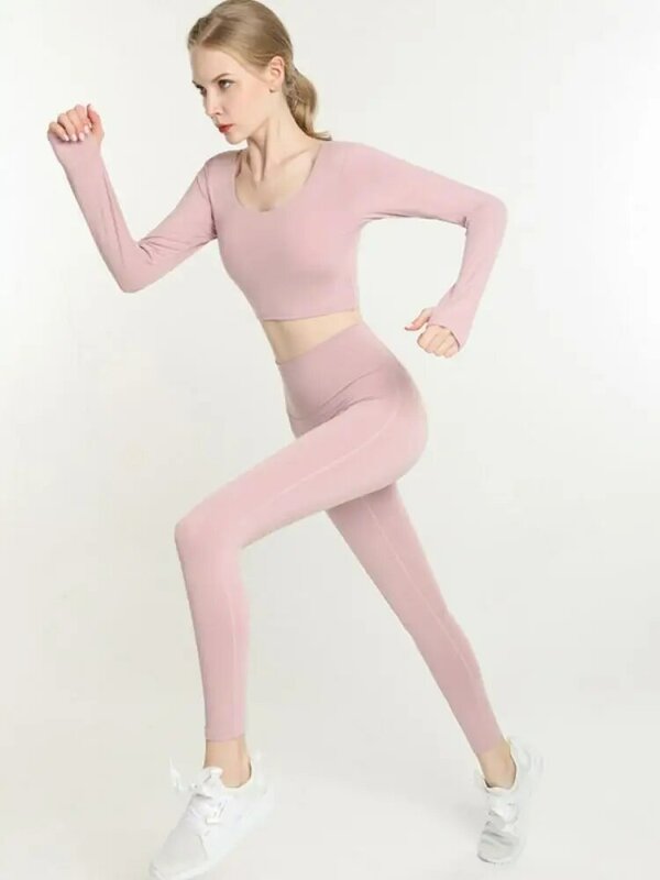 Senhoras de moda cor sólida sem costura cintura alta emagrecimento collants topos yoga ginásio conjunto de 2 peças