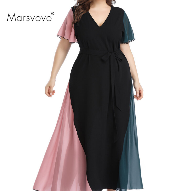 فساتين حجم كبير كتلة اللون المرقعة المرأة Clohing فضفاض فستان طويل غراندي الذيل المتضخم فستان أنيقة عادية Vestidos