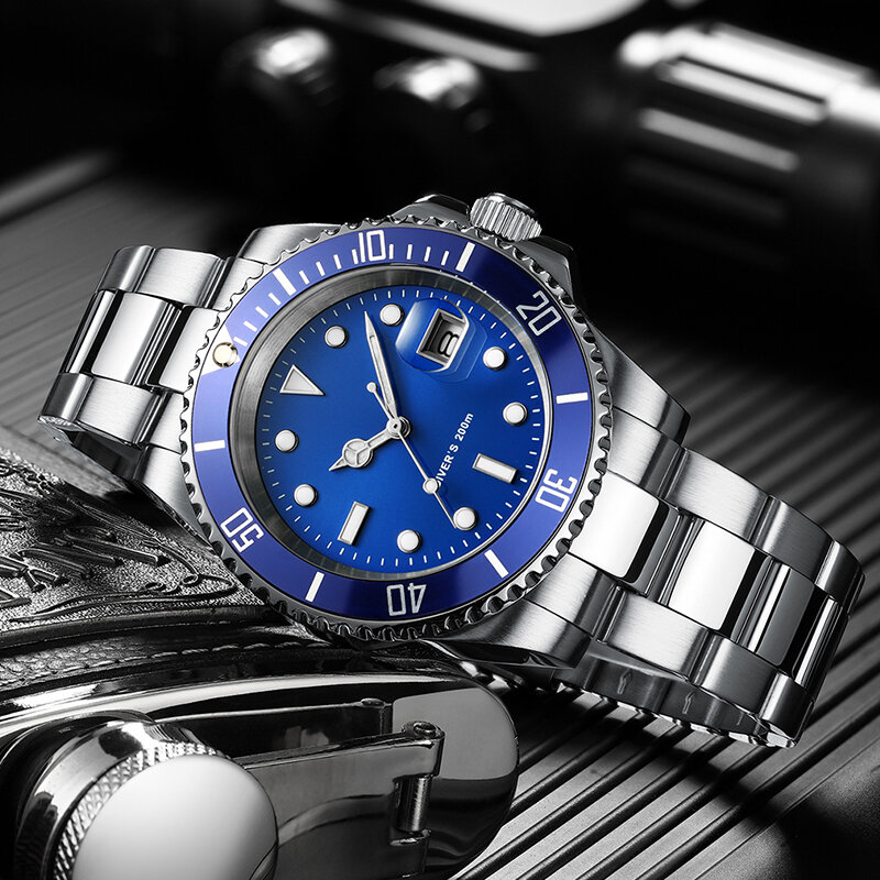 Addies relógio de mergulho 200m 2115 relógios de quartzo men c3 calendário super luminoso relógio de mergulho moda aço inoxidável relógios masculinos