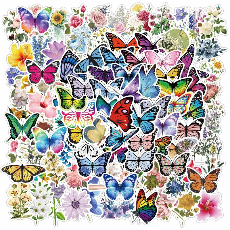 Набор красивых наклеек с бабочками для девочек, 10/50/100 шт., наклейки с растениями и свежими цветами, наклейки «сделай сам» для гитары, канцеля...