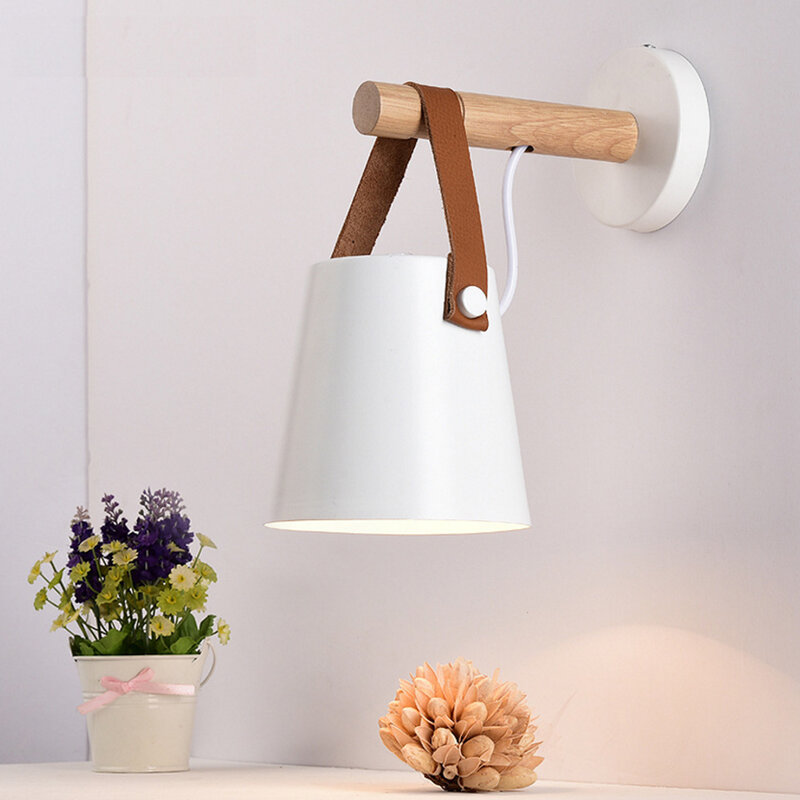 85-220V LED Wall Lamp Wooden E27 Modern Nordic Design Living Room Wall Bedside Lamp Night Light Sconces Belt Lampshade