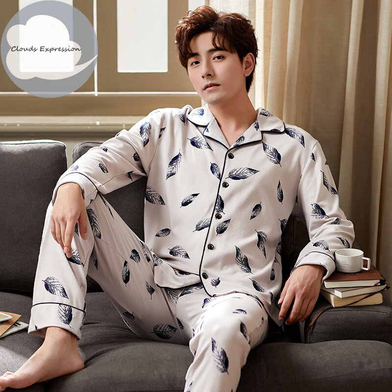 Pijama de algodão masculino, pijama listrado com letras para outono e inverno, roupa de dormir casual, tamanho grande, 3xg