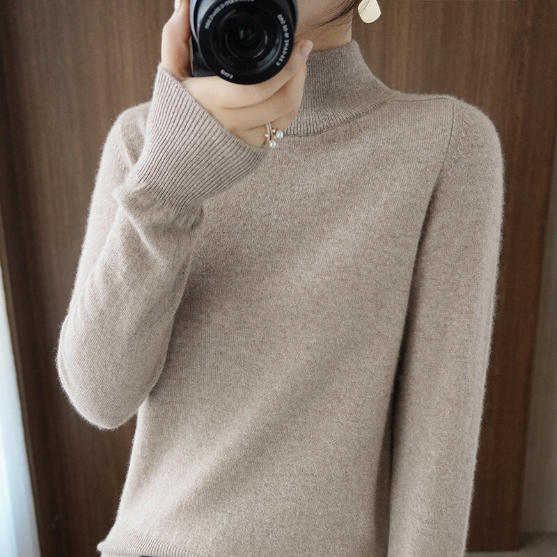 Suéter de Cuello medio alto de doble capa para mujer, suéter de fondo con Blusa de manga larga, primavera, otoño e invierno, 021