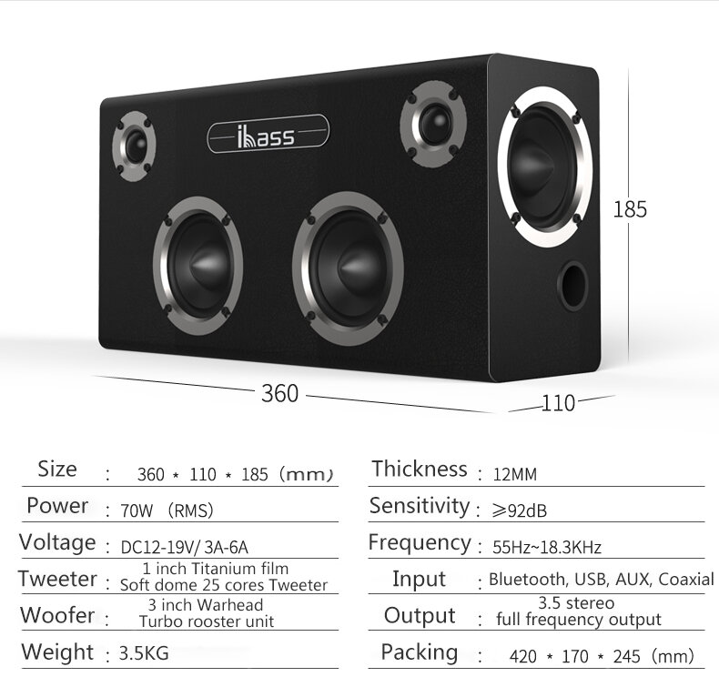 Haut-parleur Bluetooth en bois IBASS GaGa, 70W, 6 unités, pour voiture, extérieur, maison, TV, ordinateur, téléphone portable, Audio, Compatible Coaxial, AUX, USB