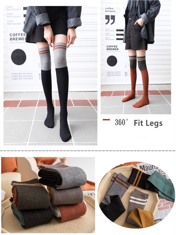 Chaussettes noires à rayures en coton pour femmes, chaussettes hautes, blanches, longues