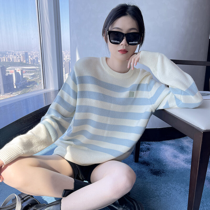 Womens Street Fashion AC Studios Smile Embroidery Striped Sweaters Female Striped Clothing Striped Cotton Wool Casual Pullovers