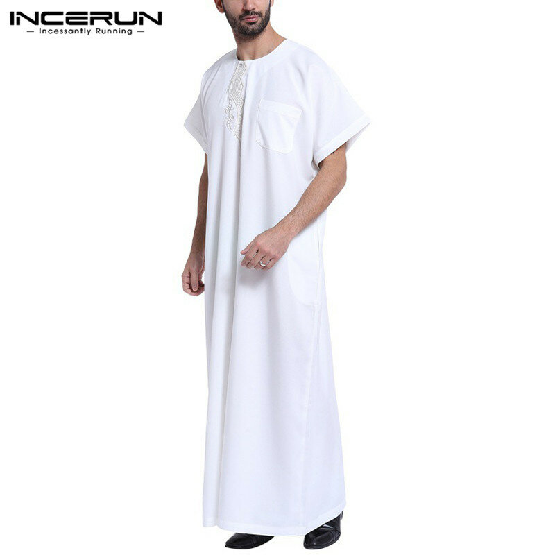 INCERUN Muslim Dress Kaftan Men Printed Short Sleeve Retro Robes Loose Dubai Saudi Arabia Abaya Islamic Kaftan Men Jubba Thobe