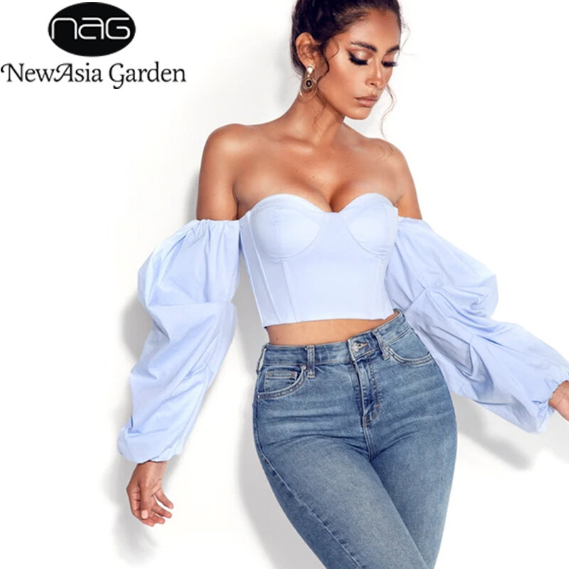 NewAsia Boned Corset Tops Women Sexy Off Shoulder Blusas Long Stacked Sleeve Autumn Vintage Blue Blouses Casual Bustier 2020 New