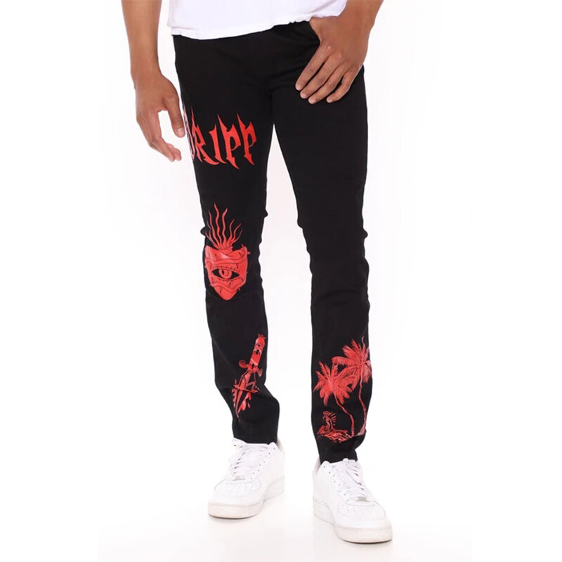 Męskie czarne sprane dżinsy 2021 nowe modne osobowości Biker szczupłe spodnie dżinsowe spodnie Retro nadrukowana czaszka Design Street Jeans
