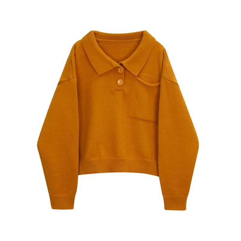 Suéteres de cuello de Polo para mujer, Tops coreanos delgados, suéter de punto, jersey de manga larga con bolsillo sólido, otoño e invierno, 2021