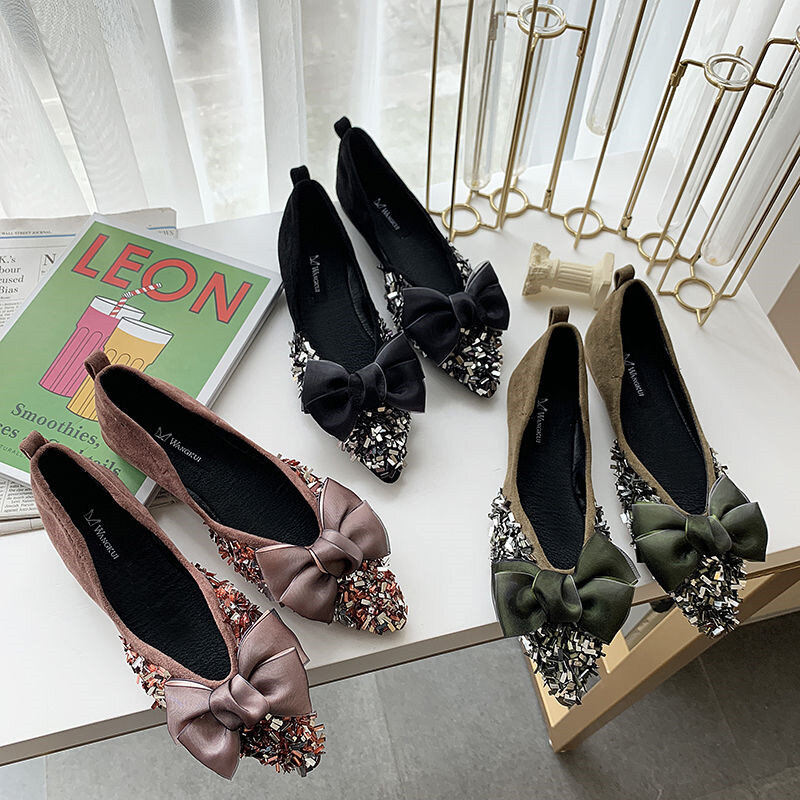 Sapatilhas femininas brilhantes e elegantes, sapatos pretos baixos com cristais brilhantes e laço, bico fino, sapatilhas para mulheres