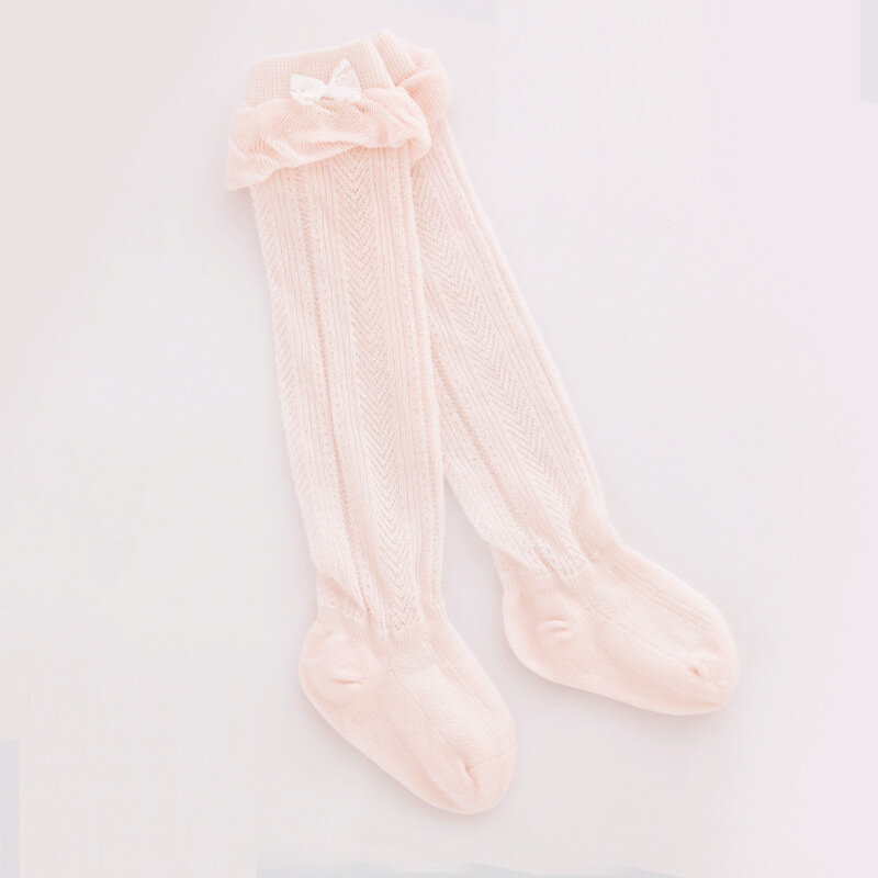 Calcetín largo de malla fina para bebé y niña, calcetín transpirable de encaje de algodón con lazo, 1 par/2 uds.