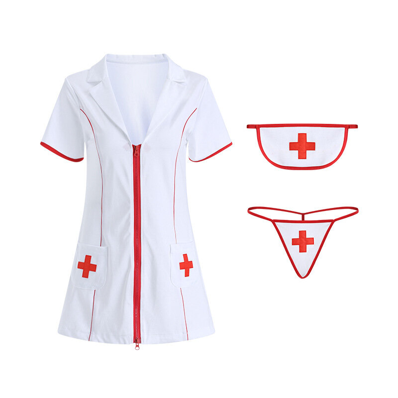 พยาบาลเสื้อผ้าคอสเพลย์หลงใหลร้อนชุดเร้าอารมณ์ชุดชั้นในเซ็กซี่ลึก V กระชับซิป