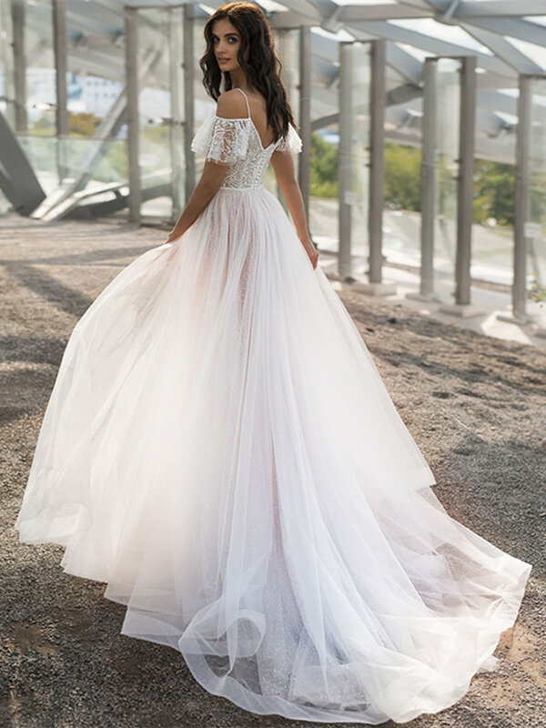 Свадебное платье из органзы с V-образным вырезом, рукавами-крылышками и пуговицами на бретельках, длинное свадебное платье со шлейфом, 2021