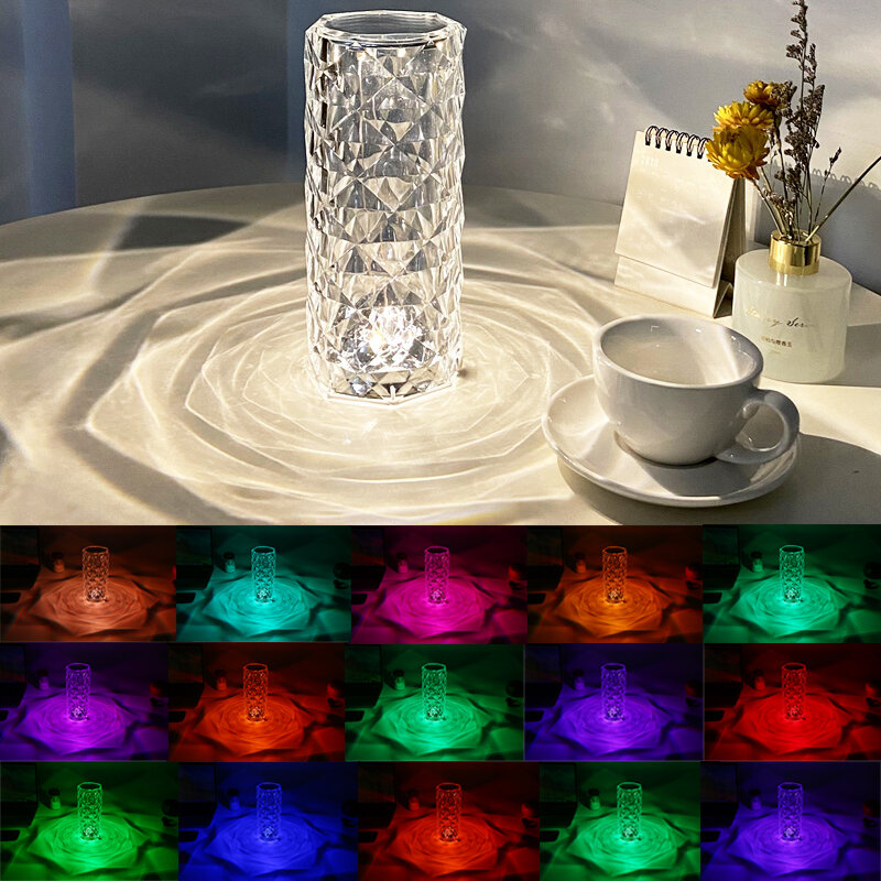 16color Rose Crystal Table Lamp Built-in 2000mA Battery Suitable for Bedroom, Living room, Dining room decoration